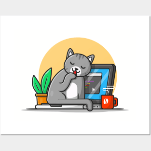 Cute Cat With Laptop Cartoon Vector Icon Illustration. Animal Technology Icon Concept Isolated Premium Vector Posters and Art